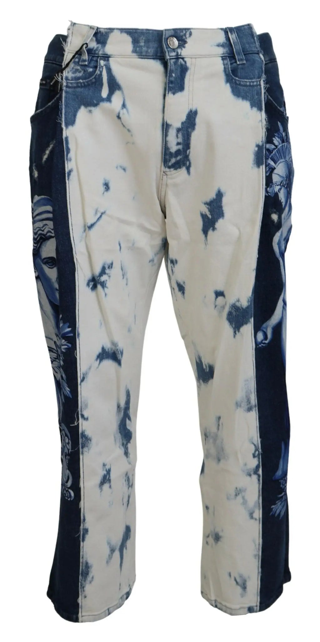Jeans en denim bleu dolce gabbana ceasar en coton à coupe large avec motif tie dye crème et bleu marine et panneaux latéraux imprimés visage