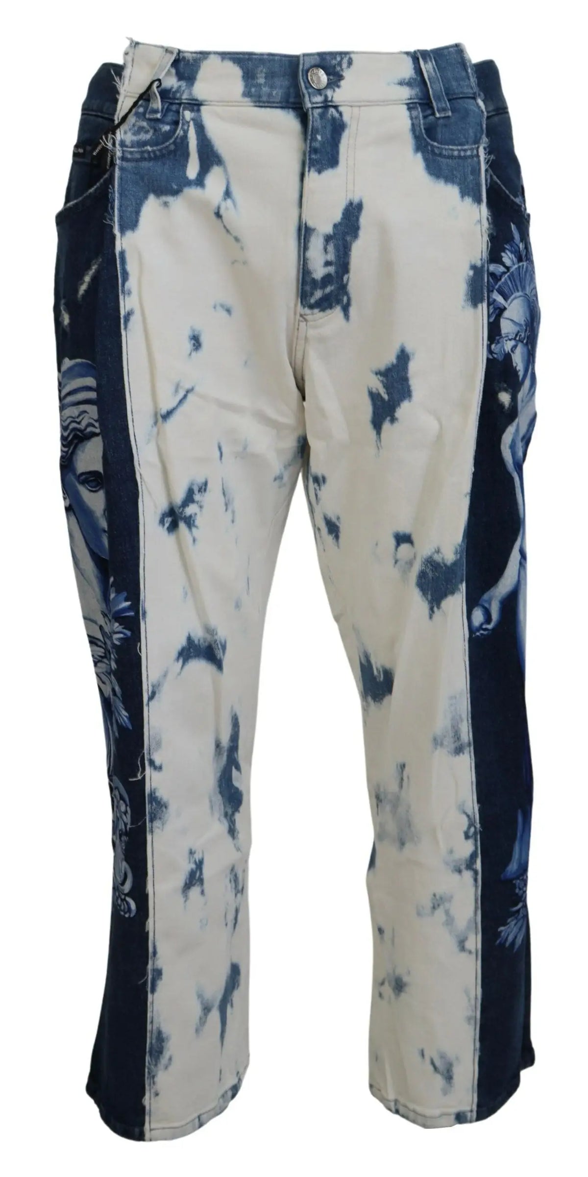 Jeans en denim bleu dolce gabbana ceasar en coton à coupe large avec motif tie dye crème et bleu marine et panneaux latéraux imprimés visage