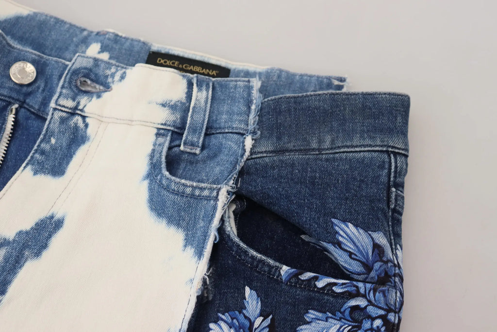 Short en denim coton bleu dolce & gabbana avec motif floral et design bicolore délavé loose fit