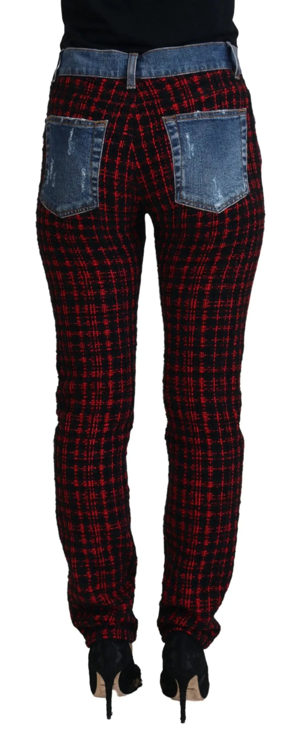 Vue arrière du jean skinny dolce & gabbana en denim bleu avec poches arrière en jean déchiré rouge et noir à carreaux