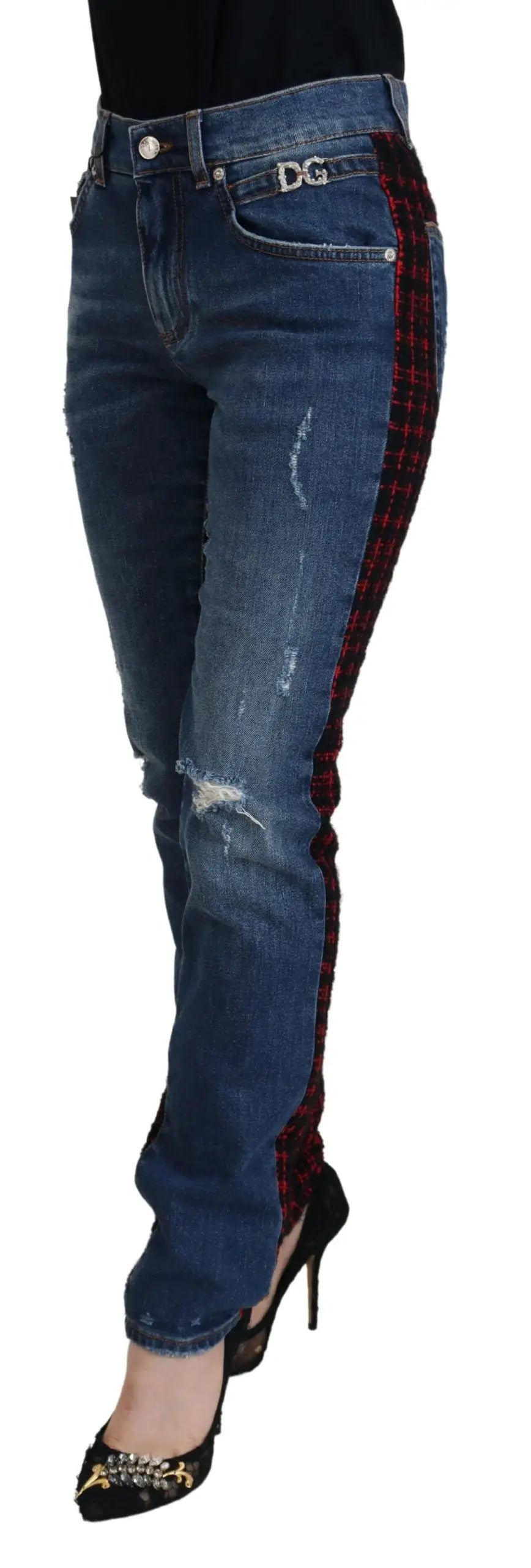 Jeans skinny en denim bleu dolce gabbana avec panneau tartan rouge et noir sur le côté et logo dg sur la poche arrière vue arrière