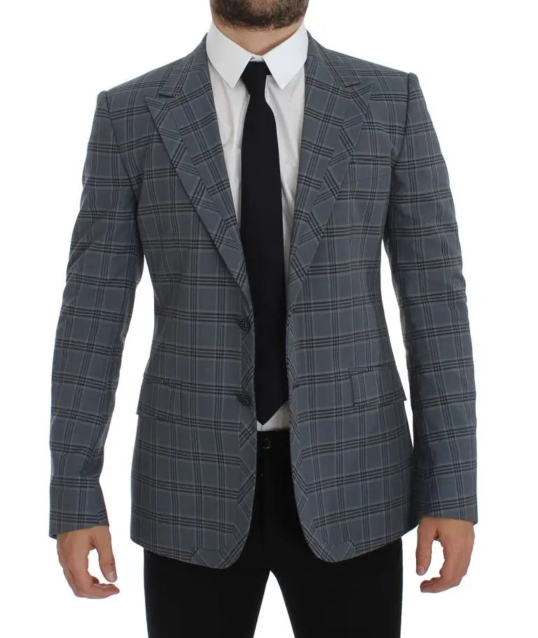 Blazer dolce & gabbana slim fit bleu à carreaux avec motifs gris à double boutonnage classique