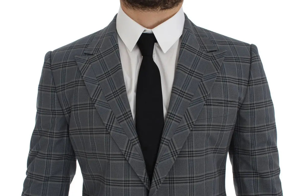 Veste blazer dolce & gabbana bleu à coupe slim en tissu à carreaux avec texture subtile et lignes noires croisées