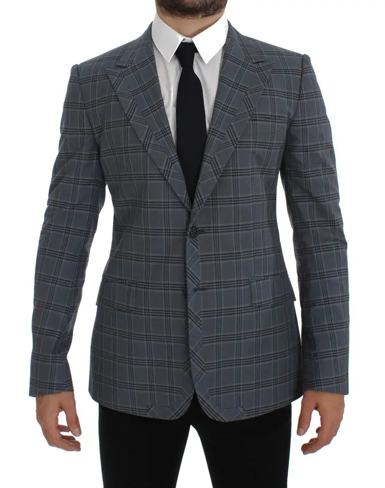 Blazer slim fit dolce & gabbana bleu à carreaux avec design croisé classique et texture subtile grise