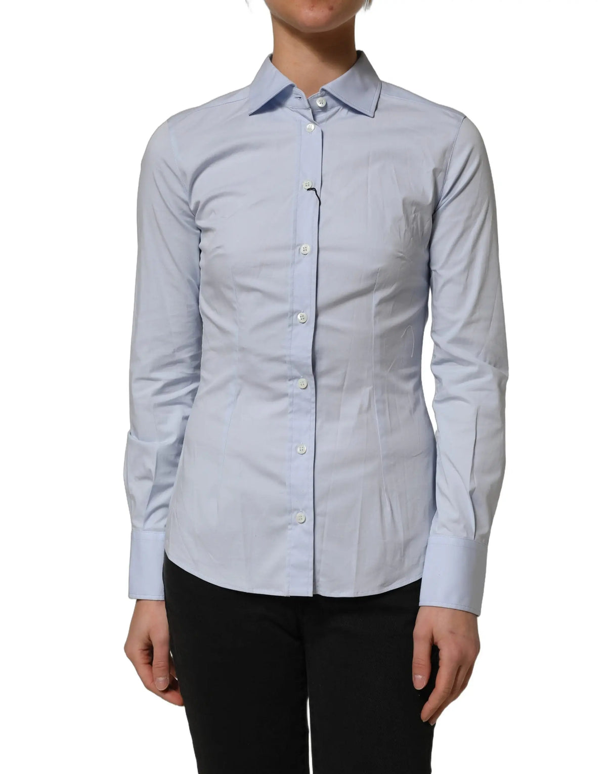 Chemise longue manches boutonnée bleu clair pour femme dolce gabbana col classique boutons blancs