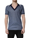 Dolce & gabbana polo t-shirt en maille bleue texturée avec col et bord de manche marine en mélange de soie
