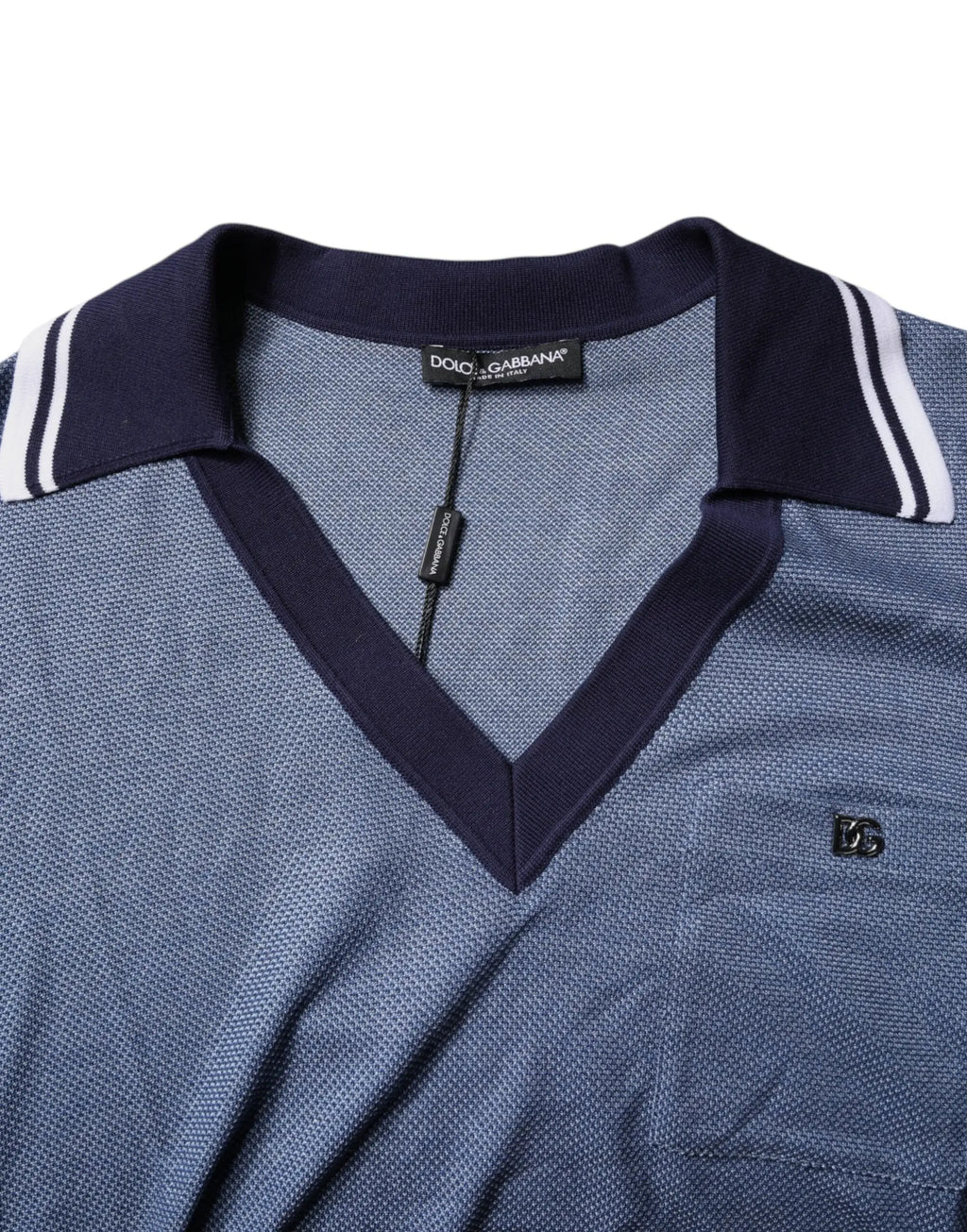 Polo dolce & gabbana bleu marine en maille texturée avec col rayé blanc en mélangé soie et coton v col