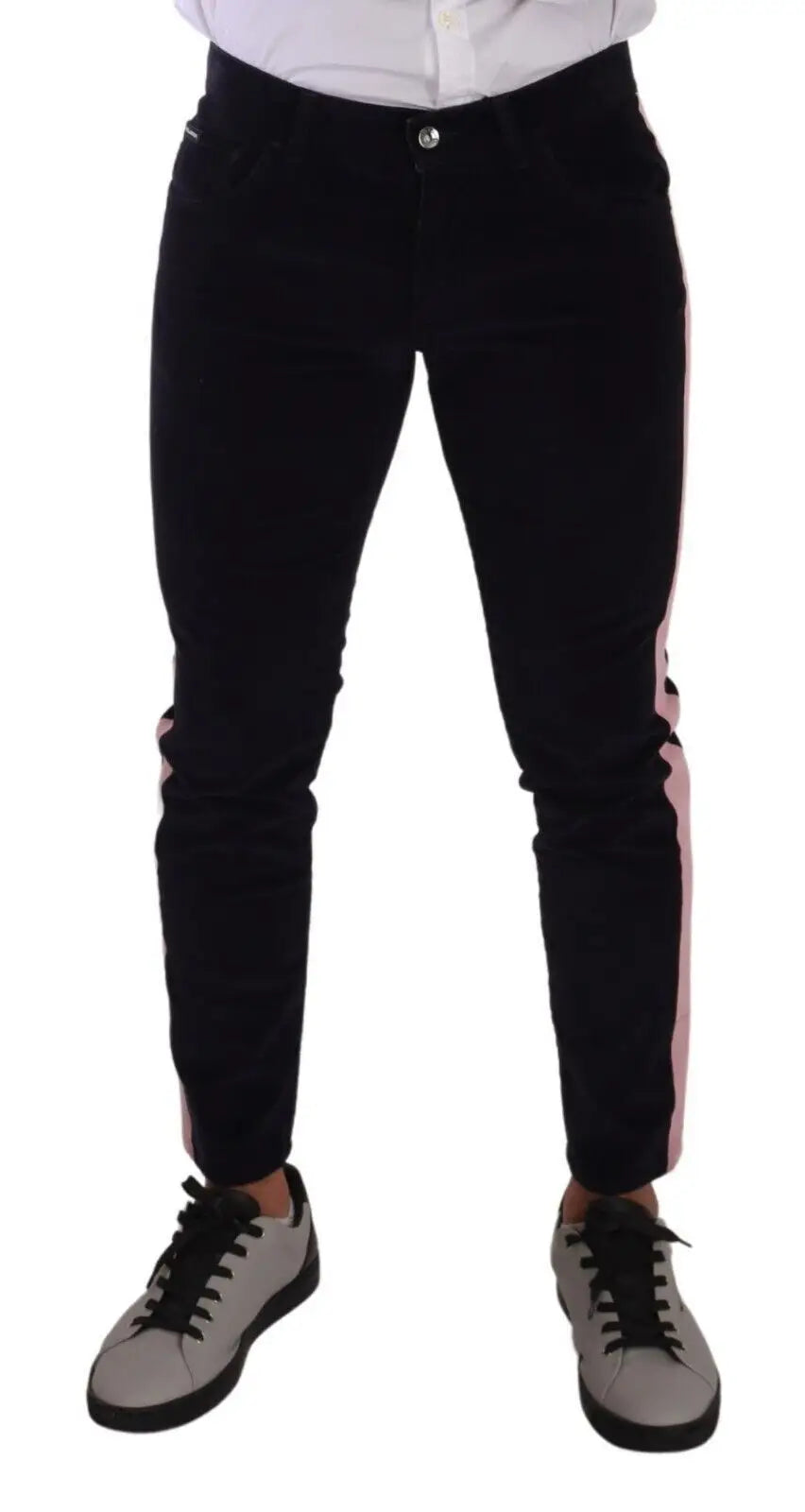 Dolce & gabbana blue corduroy coton stretch jean skinny en jean noir avec bandes latérales roses