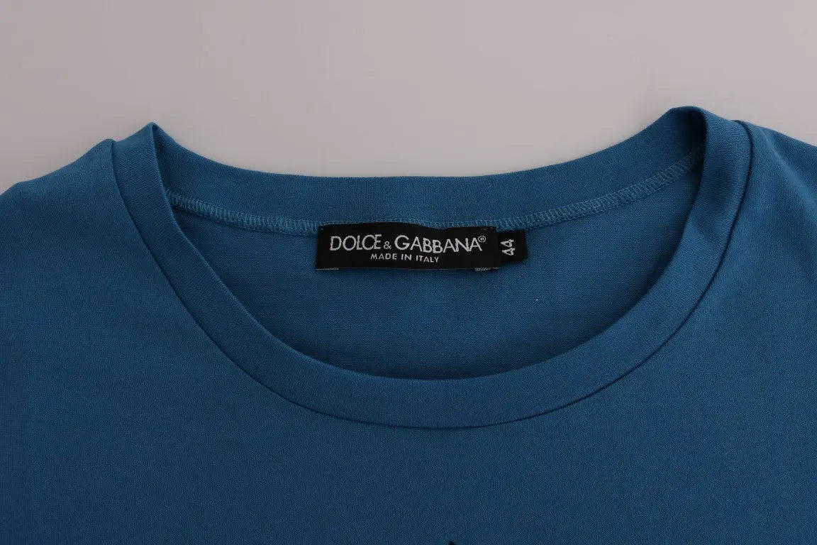 T-shirt dolce & gabbana bleu en coton avec motif 2017 et étiquette noire made in italy au col