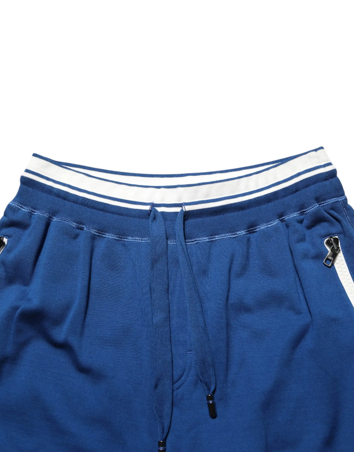 Dolce & gabbana bermuda sweatpants bleu en mélange de coton avec taille rayée blanche et marine et fermetures éclairs sur les côtés