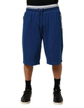 Dolce & Gabbana bermuda sweatpants bleu en mélange de coton avec taille rayée, zips latéraux et cordon de serrage