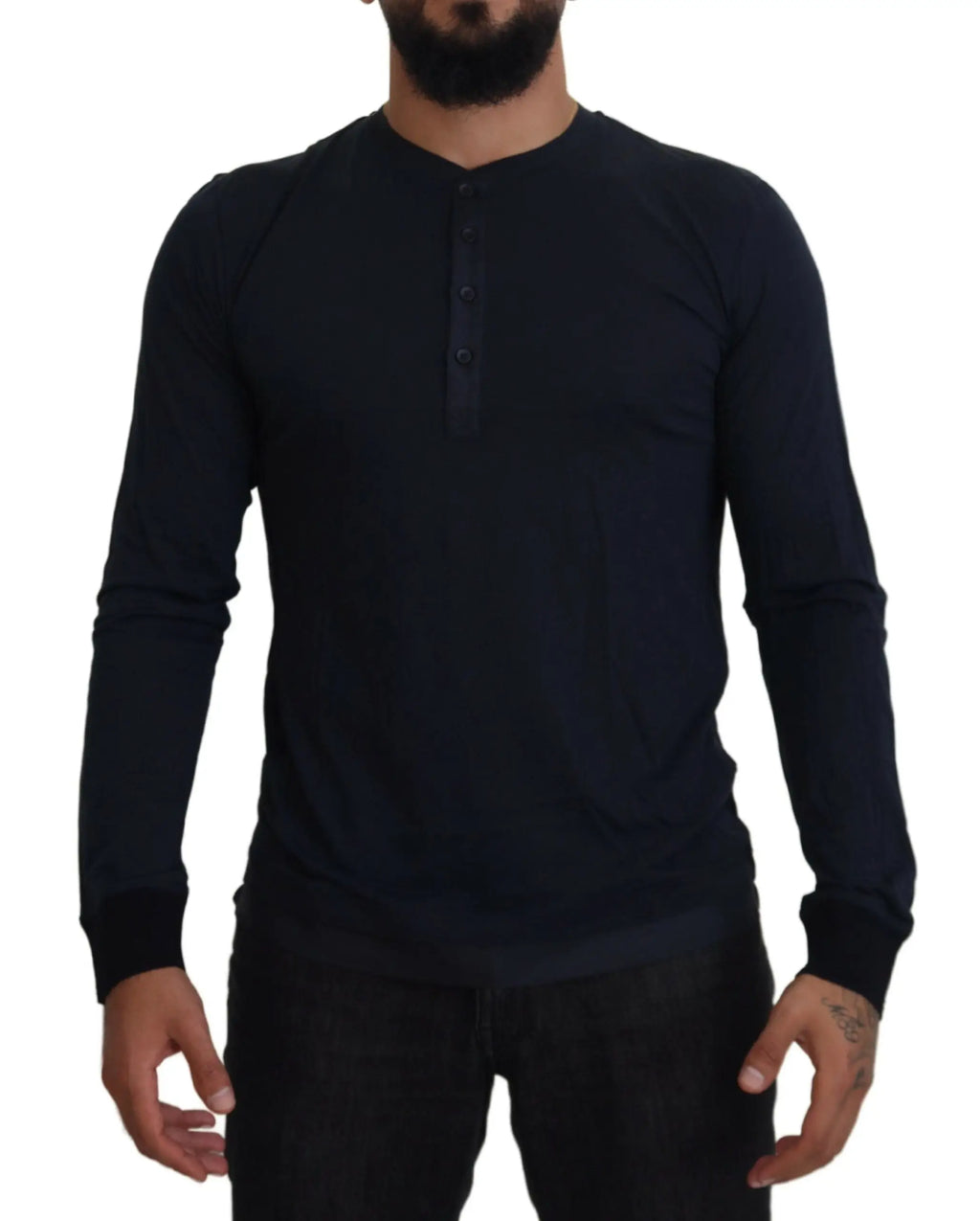 Dolce & gabbana pull en coton bleu à col rond avec boutons et poignets côtelés manches longues noir henley