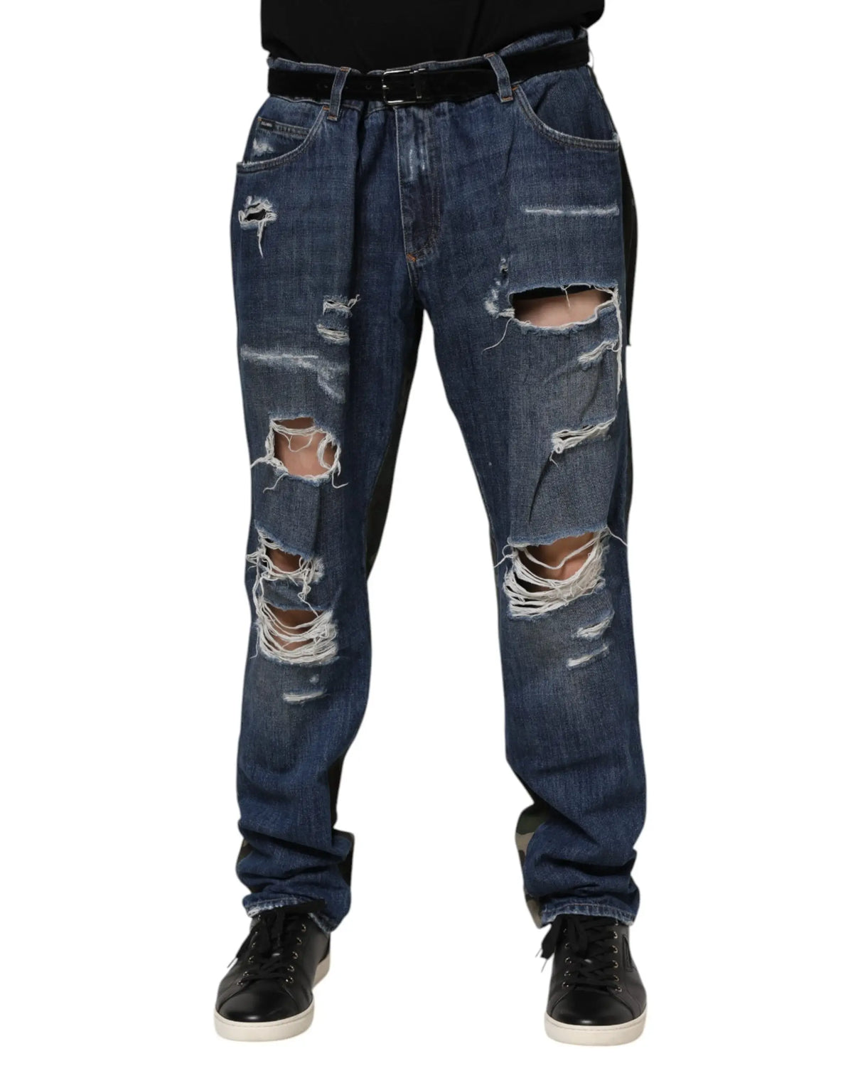 Dolce & Gabbana blue cotton camouflage denim jeans en jean bleu foncé déchiré avec plusieurs trous et bords effilochés