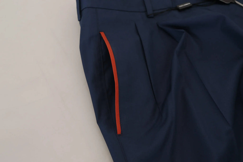 Pantalon chino formel bleu dolce & gabbana en coton avec une fermeture éclair orange audacieuse le long de la couture latérale