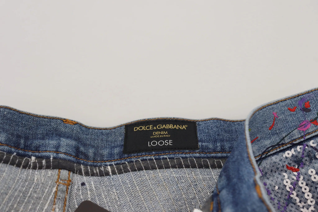 Jean denim bleu dolce & gabbana en coton avec sequins colorés et broderies étiquette noire coupe loose