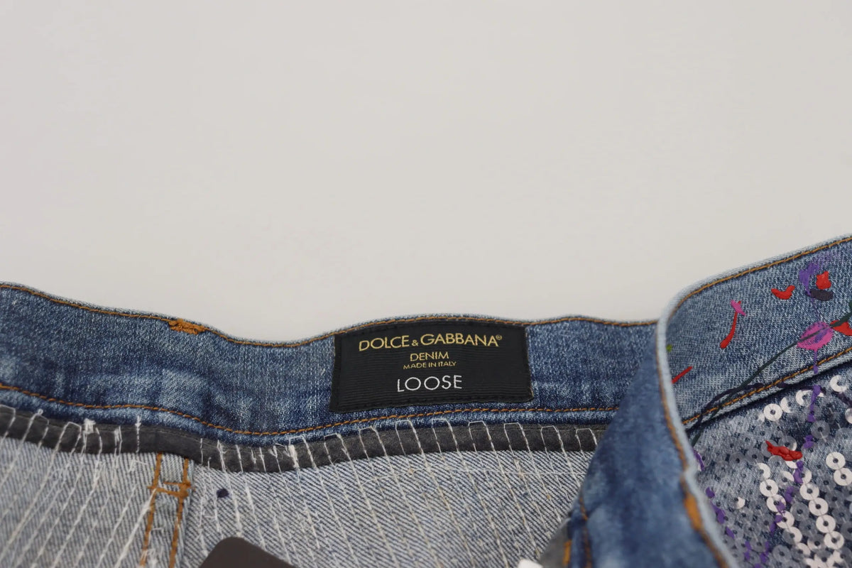 Jean denim bleu dolce & gabbana en coton avec sequins colorés et broderies étiquette noire coupe loose