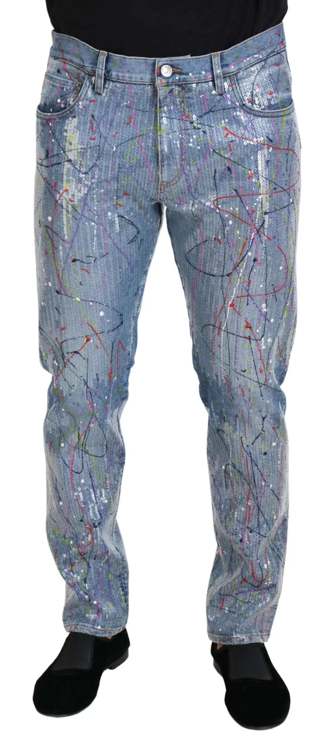 Jean en denim coton bleu clair dolce gabbana avec imprimé éclaboussures de peinture rouge jaune bleu et noir