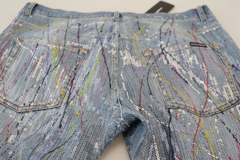 Short en jean bleu clair dolce & gabbana en coton avec éclaboussures colorées et sequins brillants