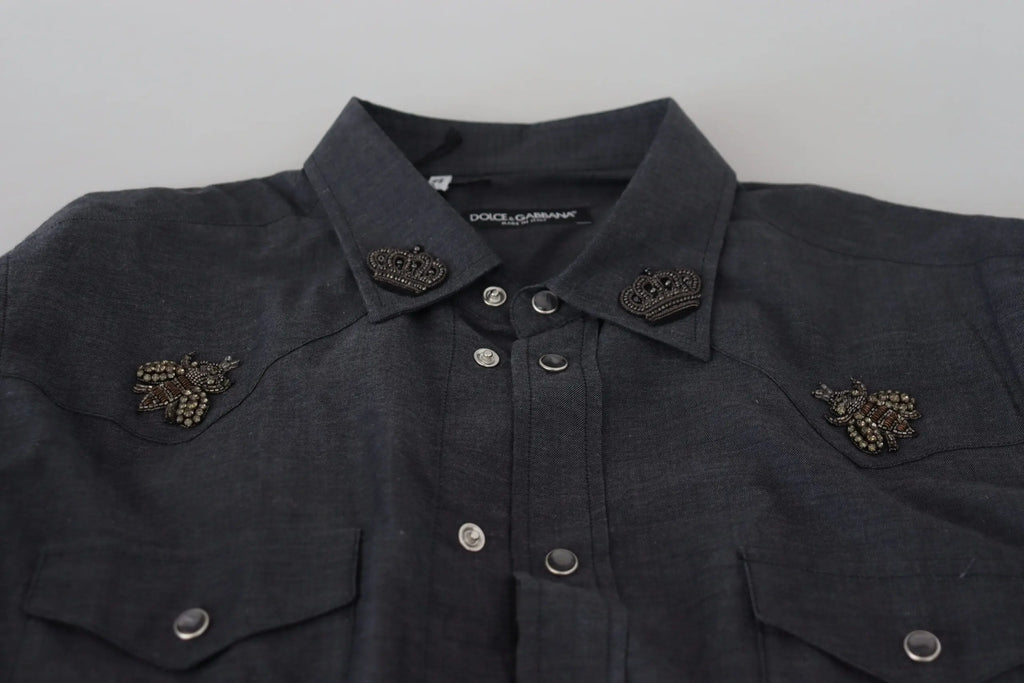 Chemise noire dolce & gabbana à boutons avec couronne perlée ornée et broderies florales sur col et poches en coton denim bleu