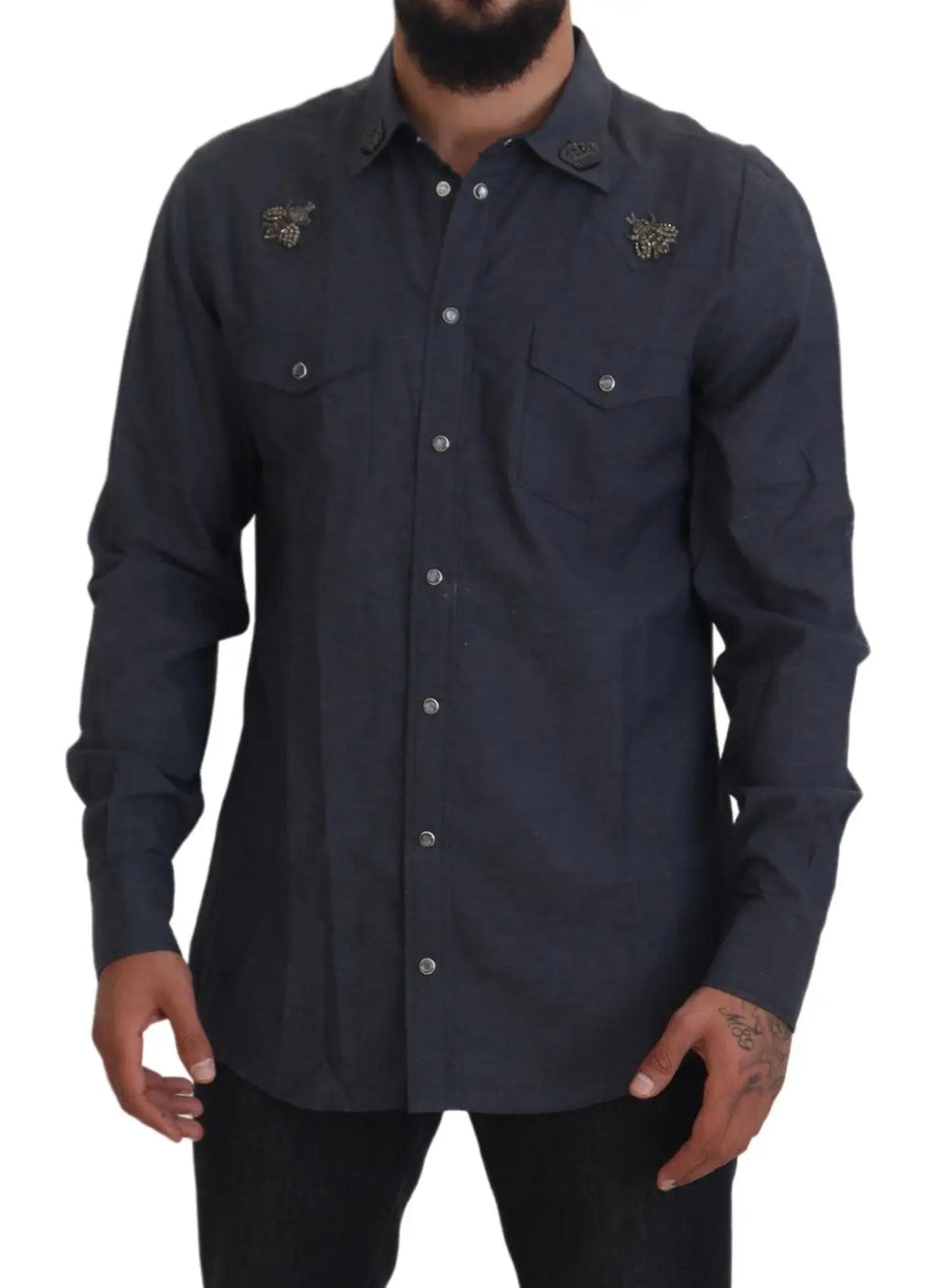 Chemise en denim bleu dolce & gabbana en coton avec manches longues et broderies florales dorées sur les poches poitrine