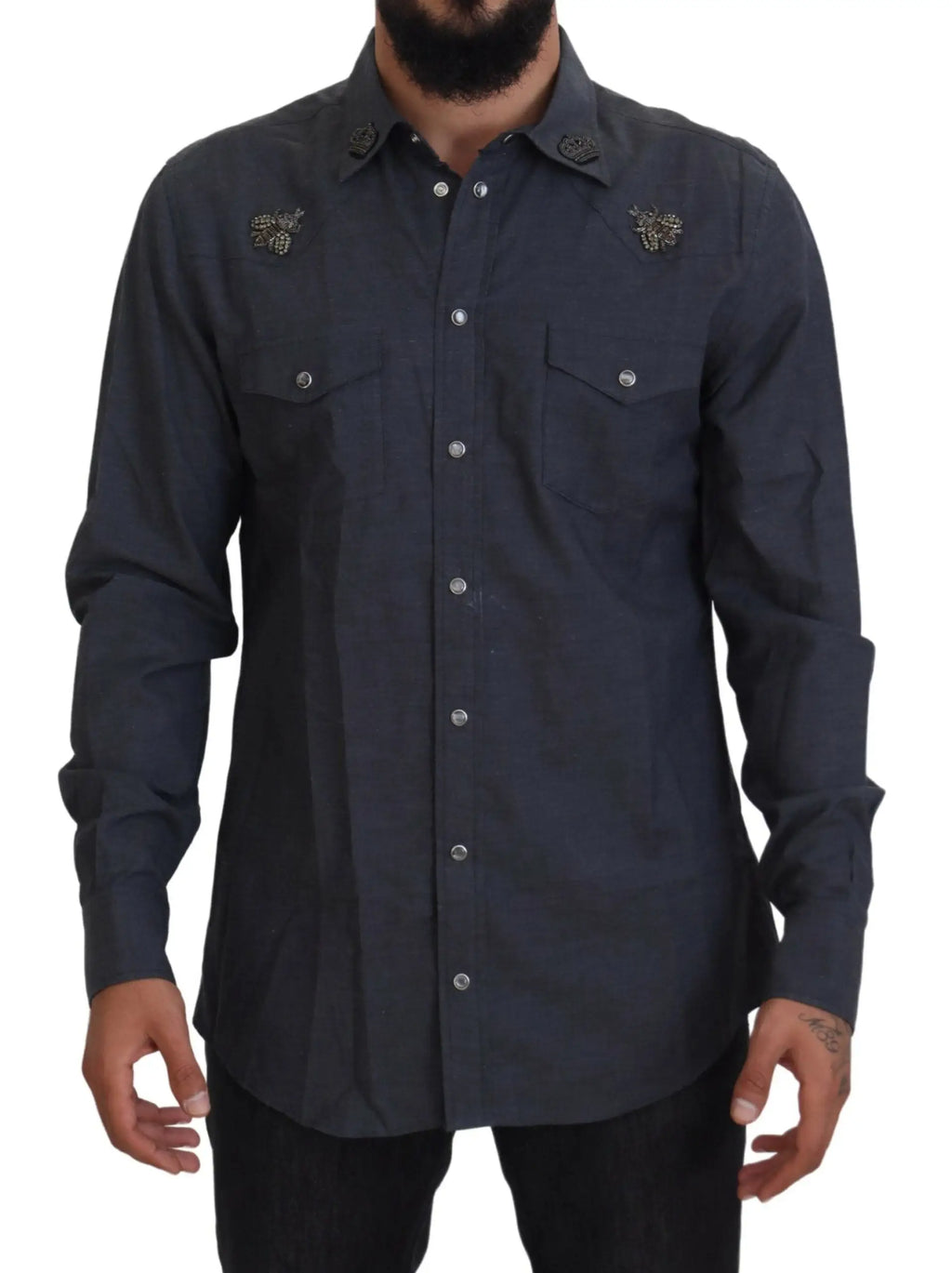 Chemise en denim bleu dolce & gabbana en coton avec boutons argentés et papillons brodés sur les poches poitrine