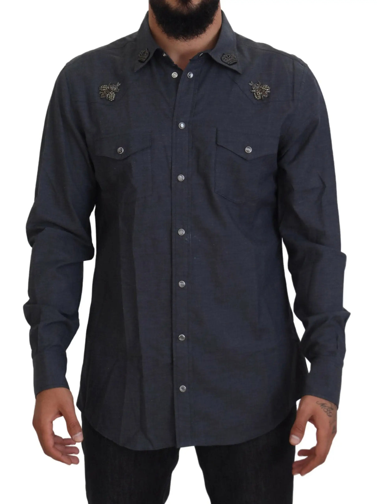 Chemise en denim bleu dolce & gabbana en coton avec boutons argentés et papillons brodés sur les poches poitrine