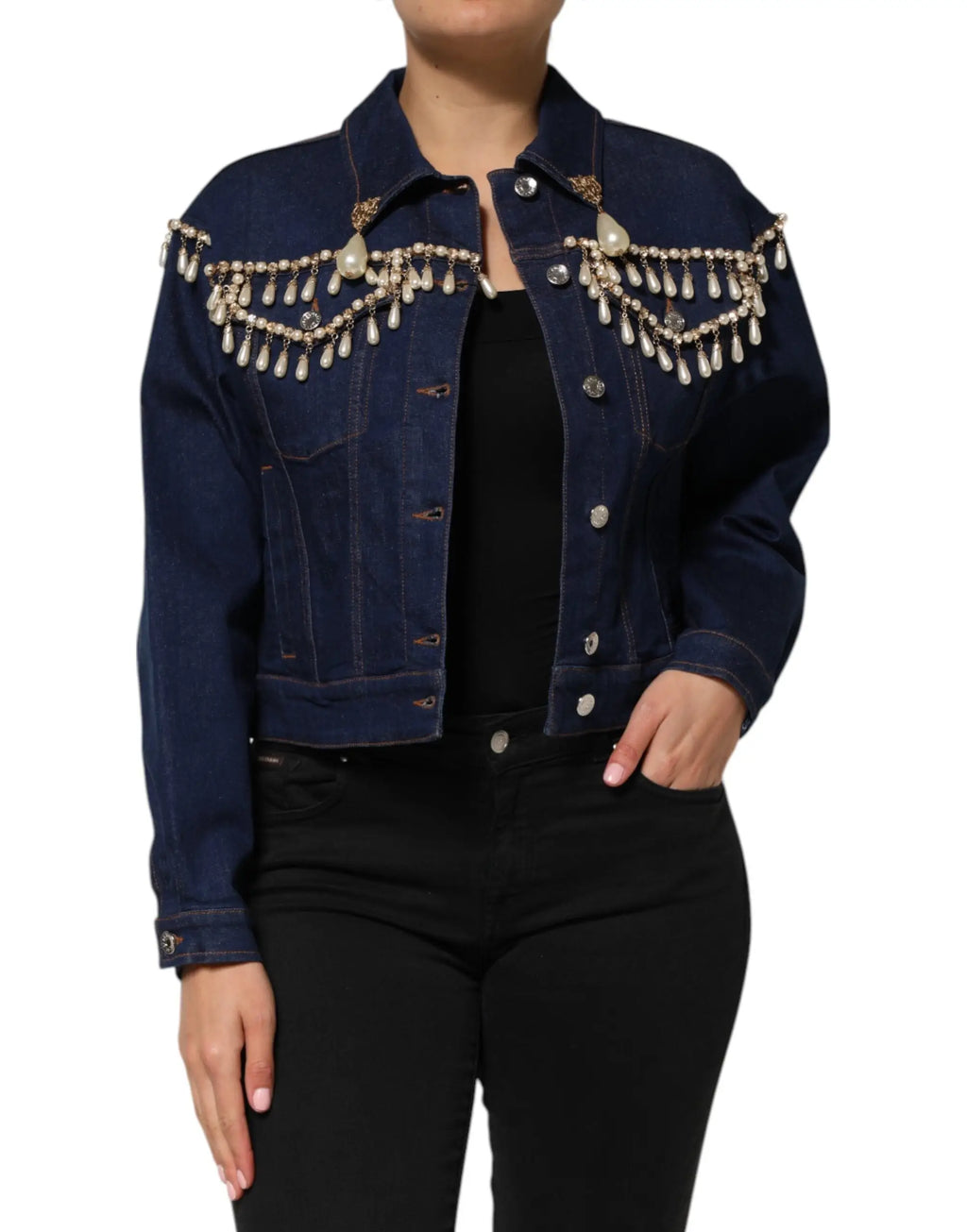 Veste en denim bleu dolce gabbana en coton ornée de cristaux et perles sur les épaules