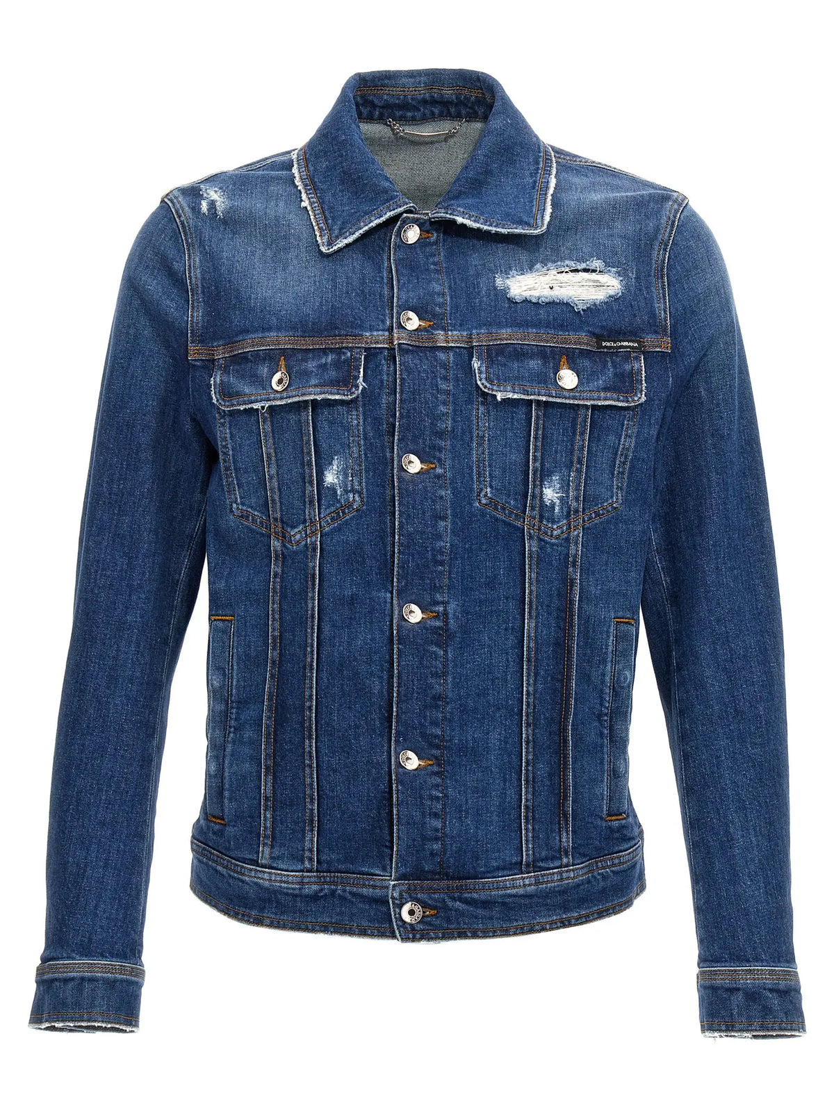 Veste en denim bleu dolce & gabbana en coton avec patches usés et boutons argentés