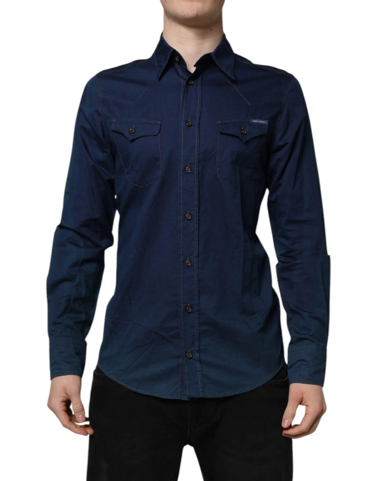 Chemise casual dolce & gabbana bleu marine en coton avec manches longues boutons et poches poitrine