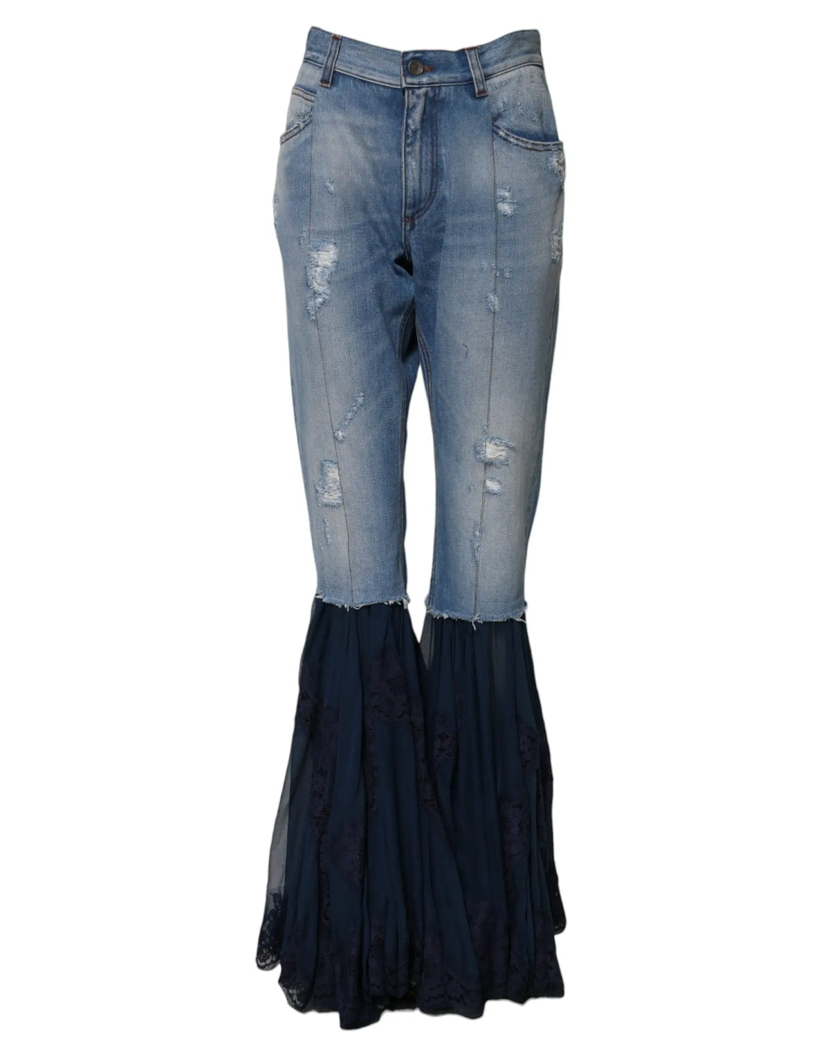 Jean flare en coton bleu dolce gabbana avec ourlet noir en dentelle et effet délavé usé