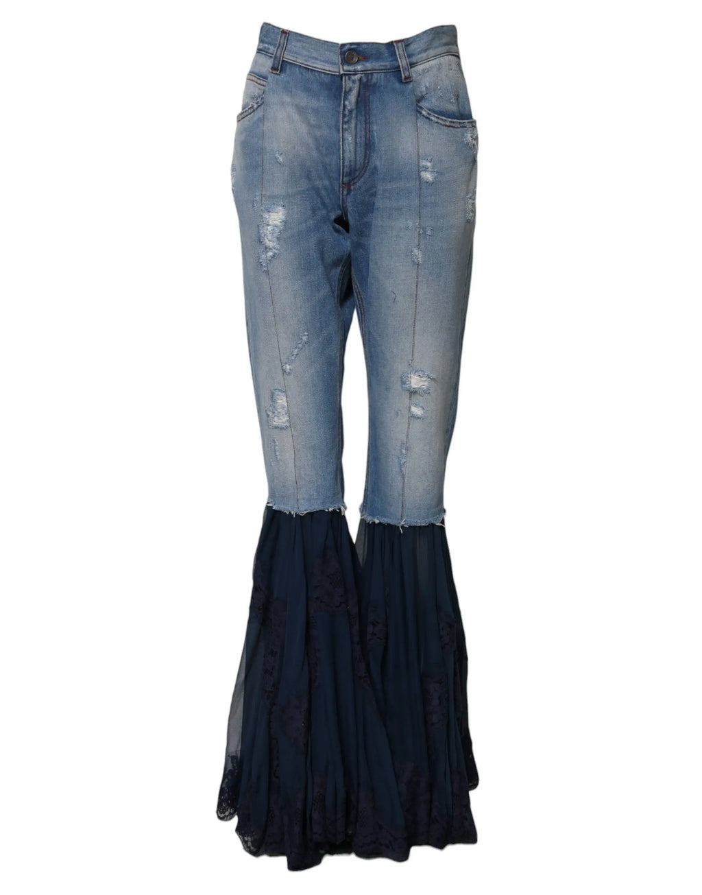 Jean flare bleu distressed en coton dolce & gabbana avec ourlet en dentelle noire et taille haute