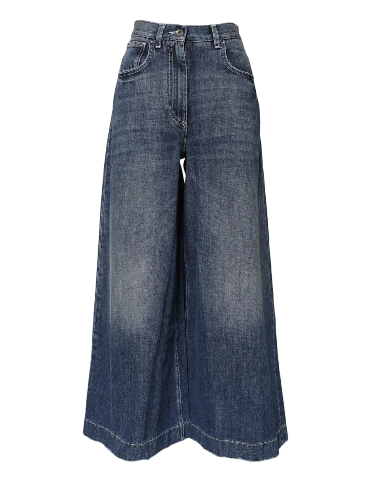 Dolce & gabbana jean en coton bleu taille haute coupe large style culotte en denim délavé indigo avec cinq poches