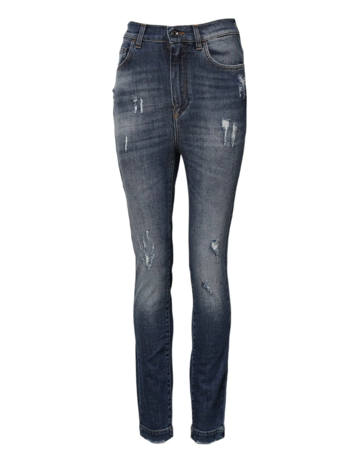 Jean skinny taille haute bleu en coton dolce gabbana avec déchirures et effets usés aux cuisses et genoux