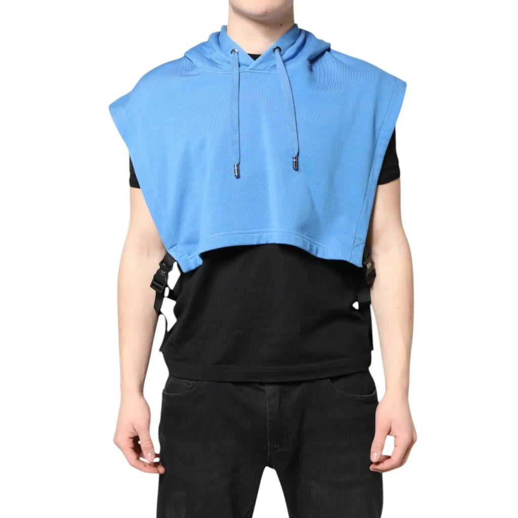 Dolce & Gabbana gilet sport sans manches bleu en coton avec capuche et sangles noires sur les côtés taille unique