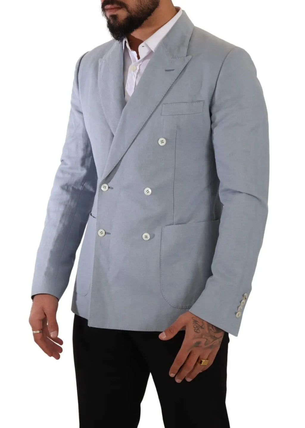 Blazer dolce & gabbana bleu clair en coton lin à boutsonnage double blanc et coupe slim ajustée