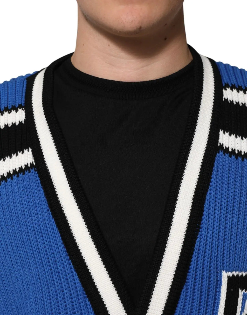 Cardigan dolce & gabbana bleu en coton avec logo et bordure rayée noire et blanche en maille côtelée v neck