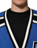 Cardigan dolce & gabbana bleu en coton avec logo et bordure rayée noire et blanche en maille côtelée v neck
