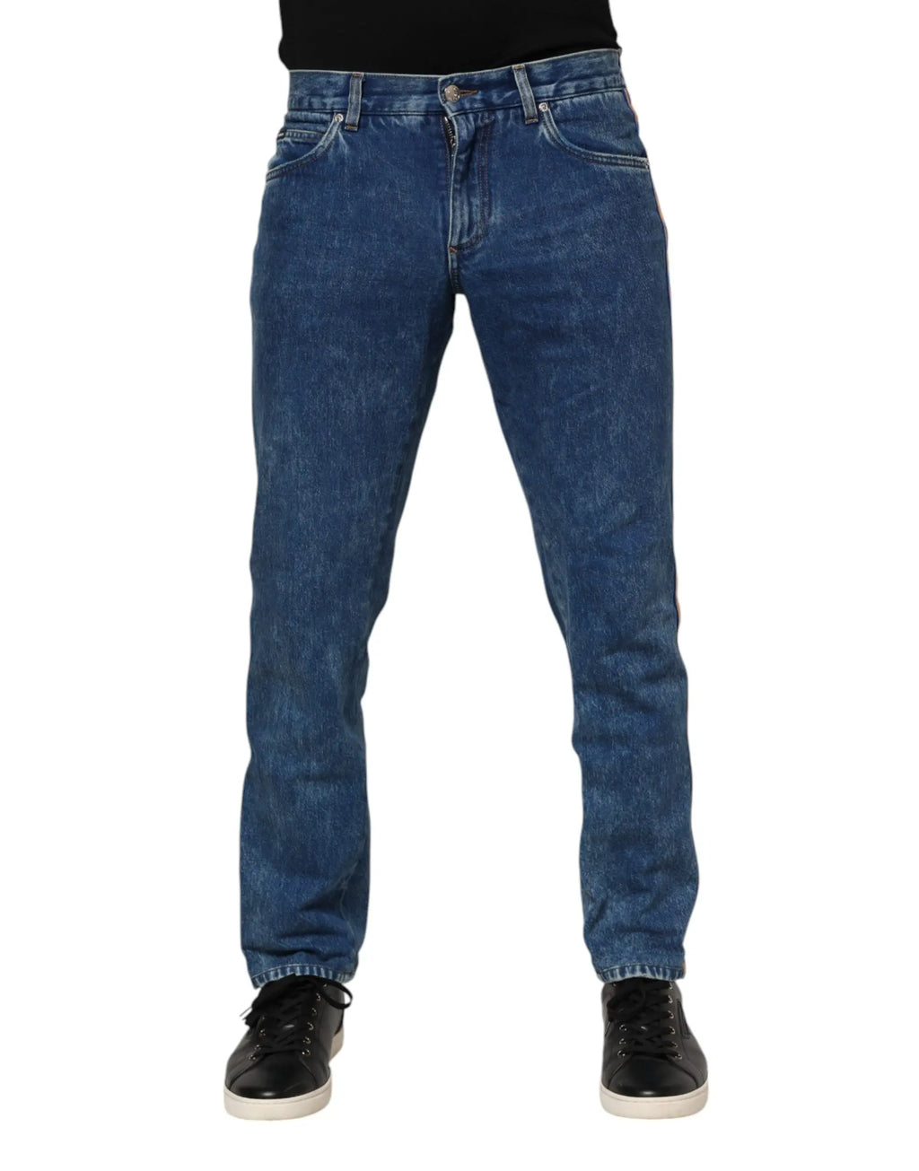 Jeans en denim bleu classique dolce & gabbana avec coupe droite et effet délavé en coton avec logo plaque
