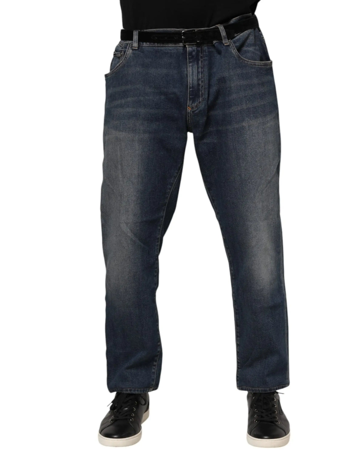 Jean slim en denim coton bleu foncé dolce gabbana avec coupe droite et ceinture noire