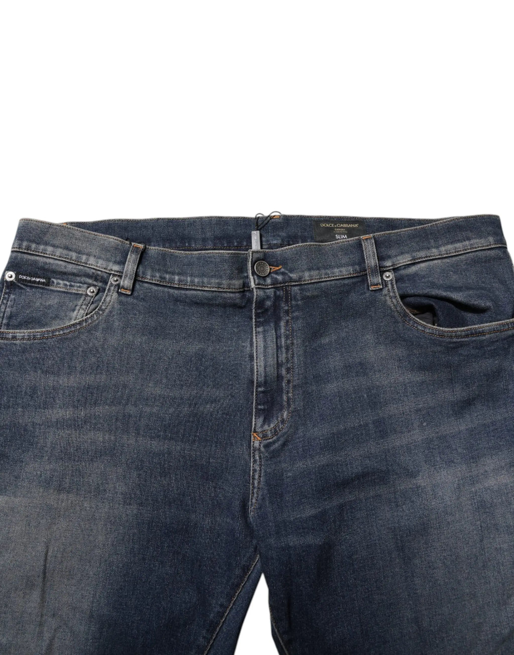Jeans slim en denim bleu dolce & gabbana en coton avec plaque logo et design classique cinq poches légèrement délavé