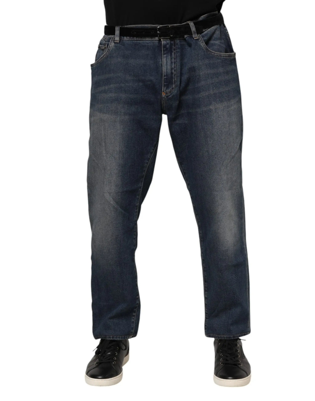 Jean slim en denim bleu foncé coton dolce & gabbana avec coupe droite et ceinture noire