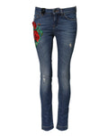 Jean skinny en coton bleu dolce & gabbana avec broderie florale rouge et verte sur la cuisse