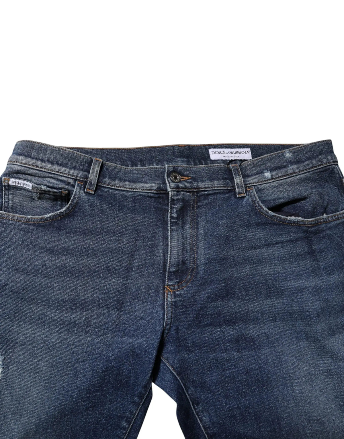 Jean denim droit en coton bleu mi-taille avec design cinq poches et étiquette dolce gabbana visible à la ceinture