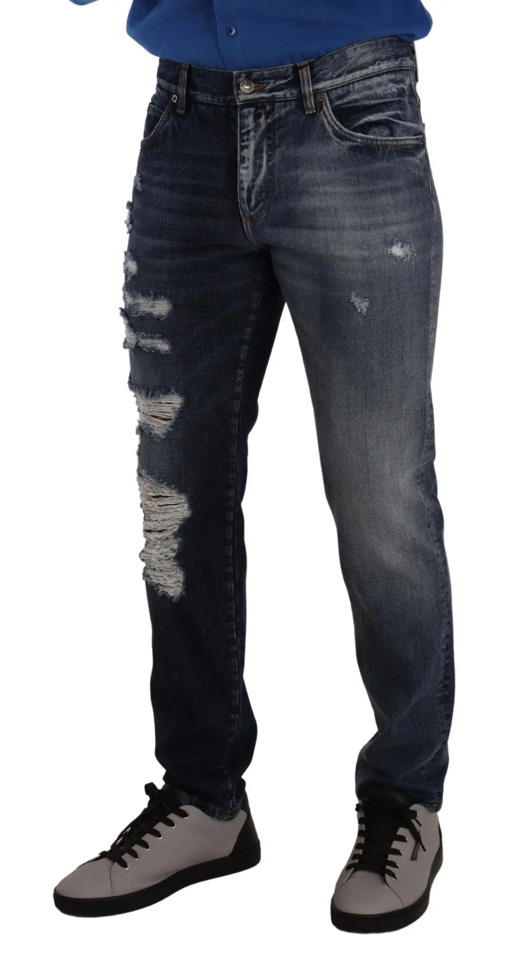 Jeans en denim bleu foncé distressed avec déchirures aux cuisses dolce & gabbana en coton regular fit