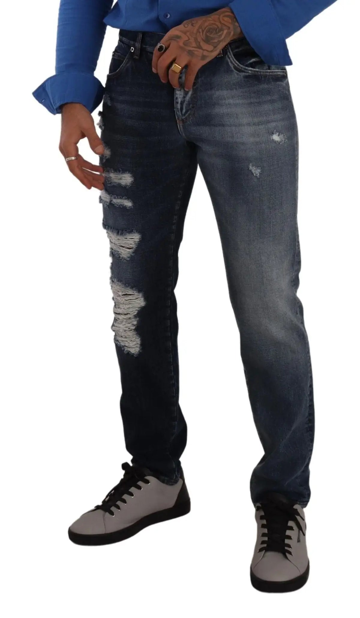 Dolce & gabbana jeans en denim coton bleu foncé avec déchirures sur la jambe gauche style régulier