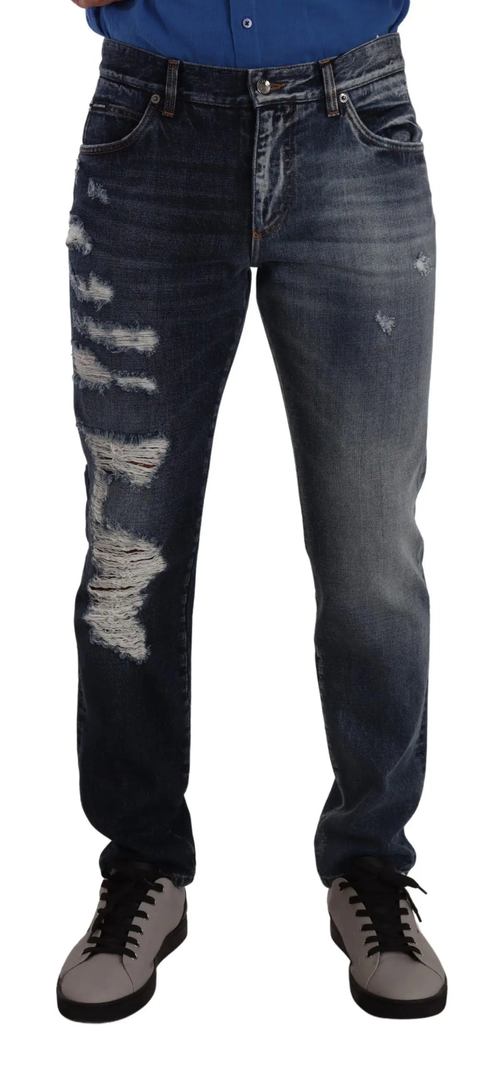 Jeans dolce & gabbana en denim coton bleu foncé avec détails déchirés sur la jambe gauche