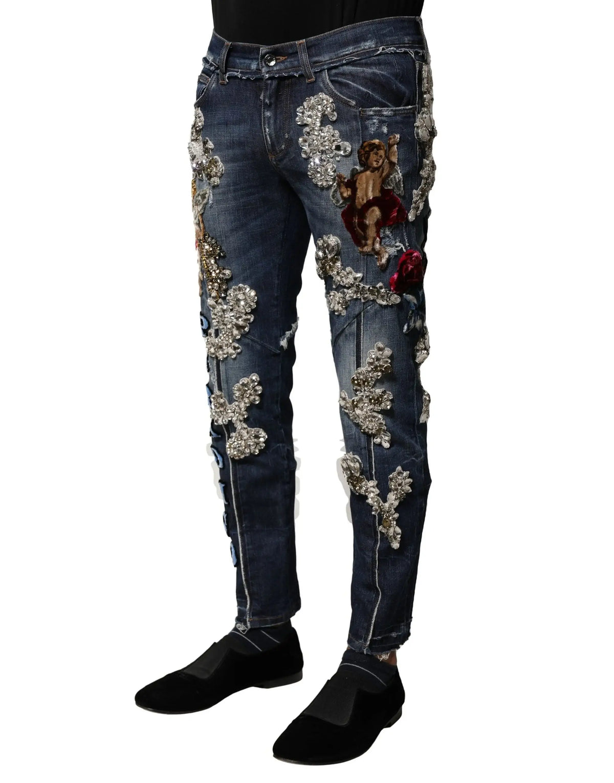Dolce & gabbana jean en denim bleu foncé en coton avec broderie florale en perles argentées et motif ange central