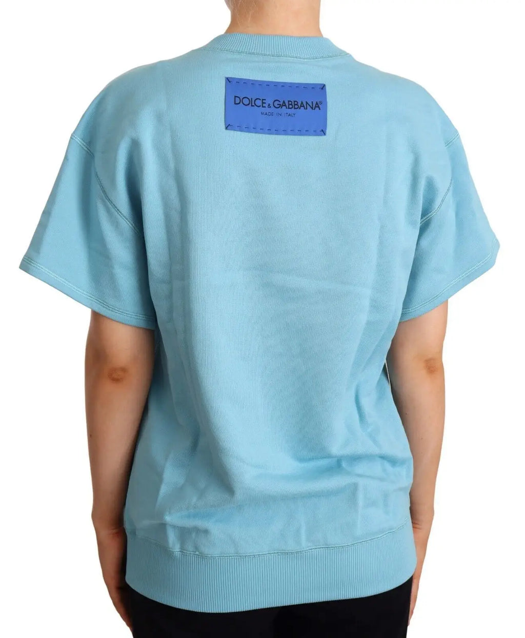 Sweatshirt dolce gabbana bleu clair en coton avec col rond et manches courtes vu de dos avec étiquette cousue