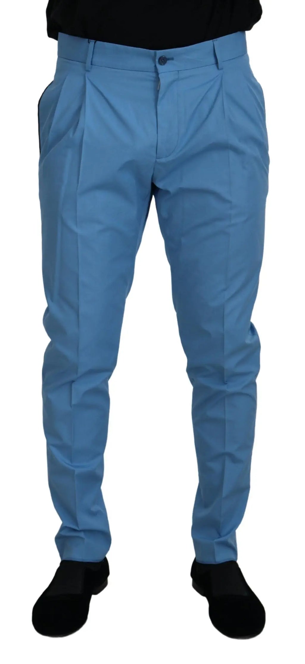 Pantalon chino dolce gabbana bleu clair en coton soie avec plis et coupe ajustée boutonnière devant