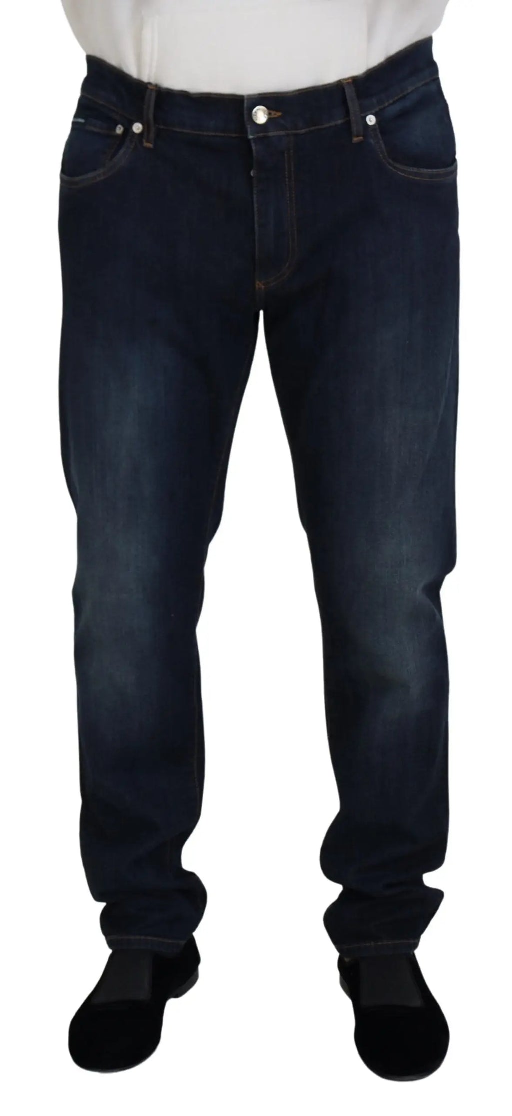 Jean denim bleu foncé dolce & gabbana en coton avec coupe droite et cinq poches argentées pour un style décontracté